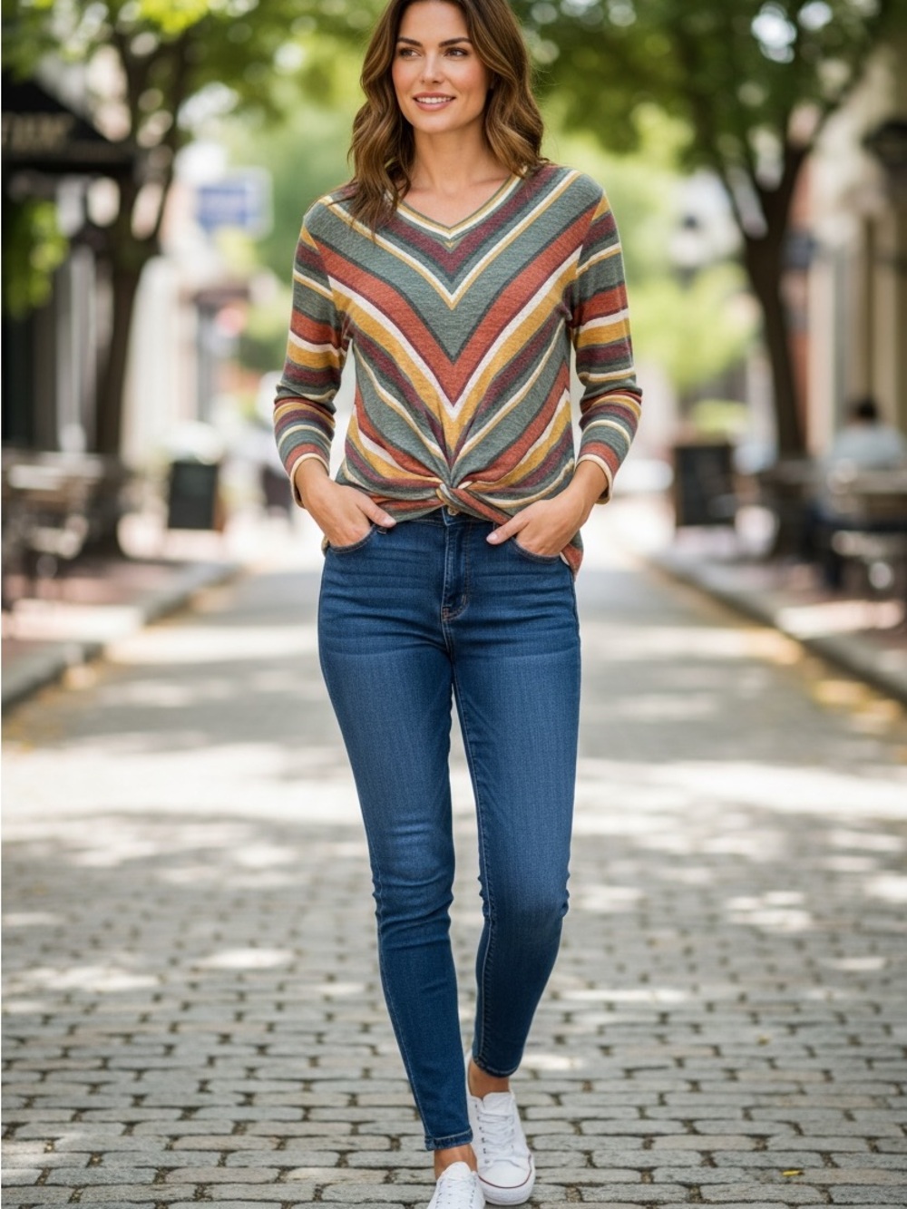 Christopher & Banks Medium Chevron Stripe Twist Front 3/4 Sleeve Fall Top